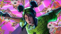 Fortnite Billie Eilish key art showing the singer in green with unicrons behind her in front of a pink background