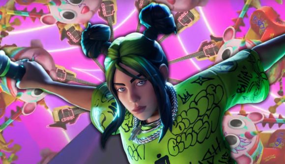 Fortnite Billie Eilish key art showing the singer in green with unicrons behind her in front of a pink background