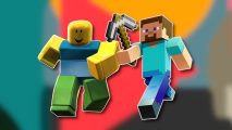 Games for Change 2024: Roblox Noob and Minecraft Steve outlined in white and pasted on a blurred collage of the G4C festival brand colours