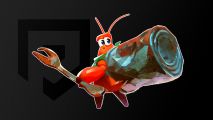 Games like Dark Souls: The crab from Another Crab's Treasure looking over their shoulder. They are wearing a rusted tin can as a shell and holding a rusted fork as a weapon. They are outlined in white and pasted on a black PT Background