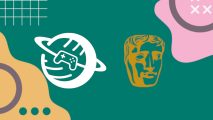 Games Mental Health Summit: A white vector logo of a games controller inside a ringed planet (Safe In Our World) next to a gold BAFTA mask vector. Both of these are pasted on a dark green background with white, purple, and pink geometric and abstract shapes, taken from the event graphic for 2024's summit