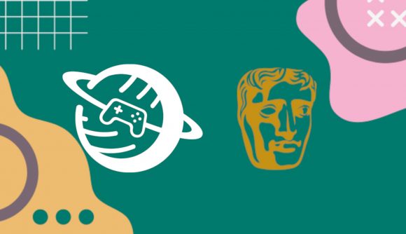 Games Mental Health Summit: A white vector logo of a games controller inside a ringed planet (Safe In Our World) next to a gold BAFTA mask vector. Both of these are pasted on a dark green background with white, purple, and pink geometric and abstract shapes, taken from the event graphic for 2024's summit