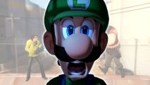 Garry's Mod Nintendo: Luigi looking horrified in front of a TF2 Garry's Mod screenshot