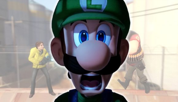 Garry's Mod Nintendo: Luigi looking horrified in front of a TF2 Garry's Mod screenshot