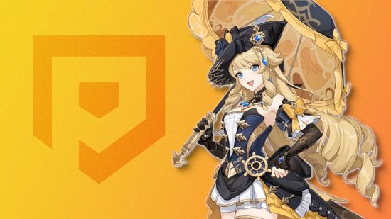Genshin Impact tier list - Navia holding an umbrella against a yellow background with the Pocket Tactics logo on it
