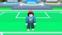 Head Soccer Simulator codes: An avatar in a blue pizza jumper and red beanie stood in front of a soccer pitch with a portal behind it