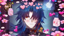 blade from honkai star rail surrounded by heart and flower emojis