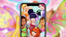 Highrise Winx Club: The official collab artwork on a phone with blurred Winx art in the background