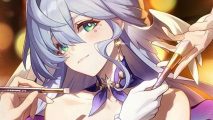 Honkai Star Rail banner - artwork taken from Robin's light cone, showing Robin wmiling and holding a make up brush as hands fuss around her and get her ready for a show