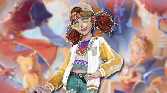 Identity V characters: A modern-looking ginger survivor character with a baseball jacket, heart sunglasses, and a backwards cap, outlined in white and pasted on a blurred art background