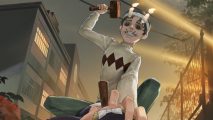 Identity V Junji Ito Collection crossover key art showing Lucky Guy in his Souichi outfit with candles strapped to his head and nails in his mouth