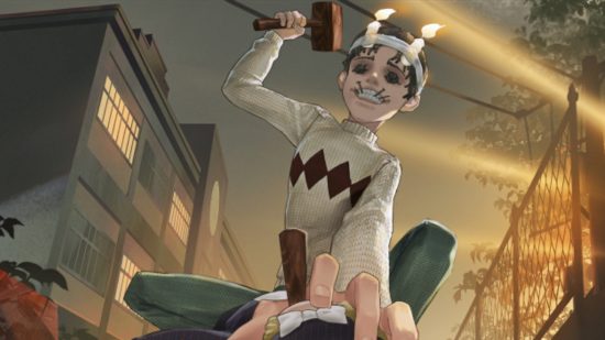 Identity V Junji Ito Collection crossover key art showing Lucky Guy in his Souichi outfit with candles strapped to his head and nails in his mouth