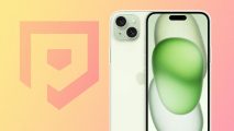 Custom image for iPhone 16 case design leak news with an iPhone 15 in green on a yellow and pink background
