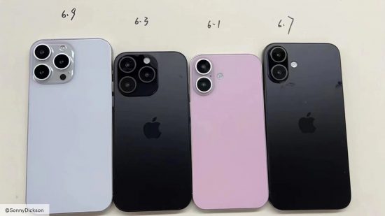 Image of the iPhone 16 line-up dummy models with pink and violet variations courtesy of SonnyDickson on X