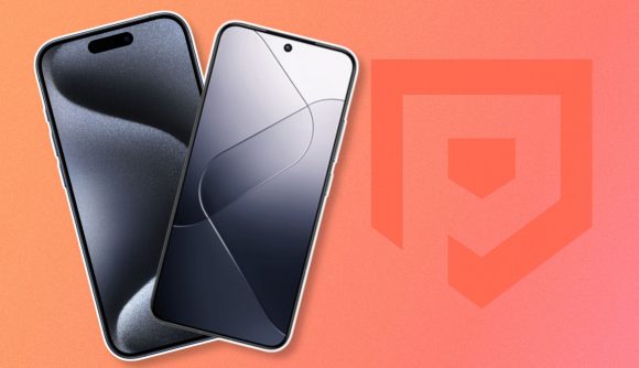 Custom image for iPhone vs Android guide with an iPhone 15 Pro Max and Xiaomi 14 on a orange background