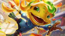 League of Legends Wild Rift patch 5.1: Fizz but yellow and with gummy worm hair smiling and flying through a supermarket