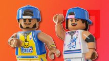 Lego games: Two Lego Fortnite basketballers outlined in white and pasted on a red PT background