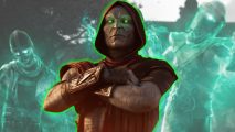 Mortal Kombat 1's Ermac with his arms crossed in front of green spirits