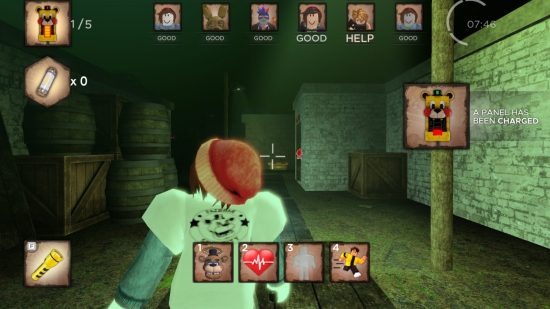 Screenshot from a new FNAF game showing an avatar in a white t-shirt and red beanie in a dark hallway