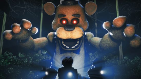 New FNAF game key art showing Freddy hovering over three unsuspecting security guards in the woods