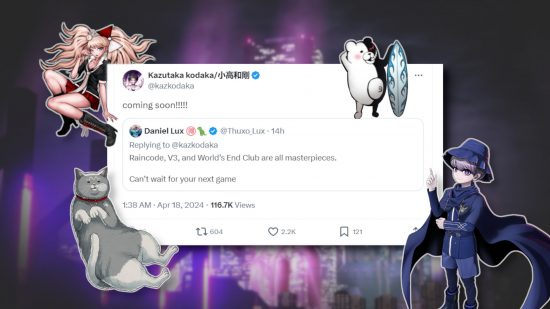 A screenshot of the quote tweet from Kodaka hinting that a new game is coming soon, surrounded with characters from Kodaka's popular IPs
