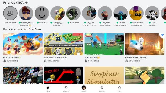 New Roblox home page featuring recommended games at the top