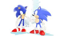 New Sonic game key art showing a modern Sonic and classic Sonic looking at eachother with a skyscraper in the background with a mostly white setting
