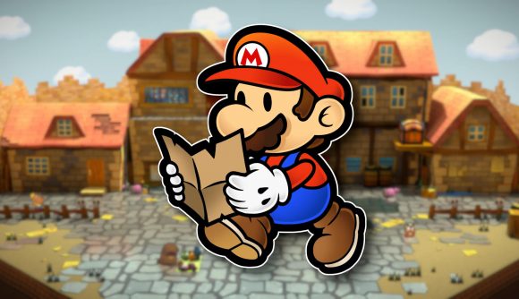 New Switch games - a paper Mario holding a map walking past a blurred town