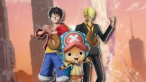 One Piece Odyssey Switch release date: Luffy, Sanji, and Tony Tony Chopper outlined in white and pasted on a slightly blurred, zoomed-in piece of OPOD key art