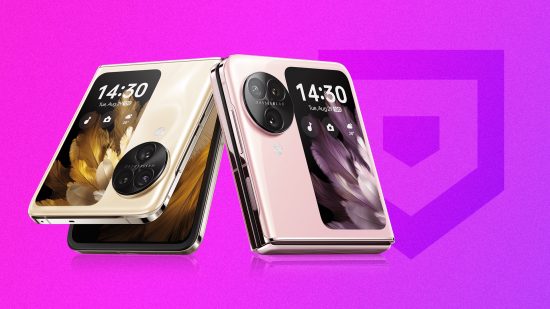 Custom image for OnePlus flip phone rumor news with an Oppo Find flip phone on a pruple background