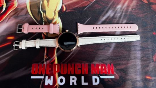 Oukitel BT30 review: The Oukitel BT30 on a One Punch Man mat next to incomabitable pink straps