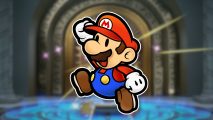 Custom image for Paper Mario: The Thousand-Year Door preview with Mario jumping over a background of an in-game screenshot