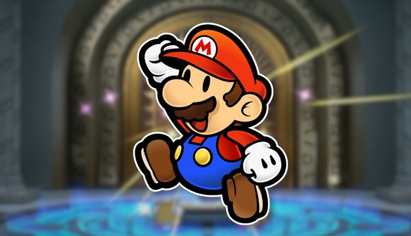 Custom image for Paper Mario: The Thousand-Year Door preview with Mario jumping over a background of an in-game screenshot