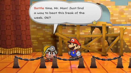 Zrzut ekranu z Paper Mario: The Thousand Year Door przedstawiający pierwsze spotkanie Mario z Goombellą