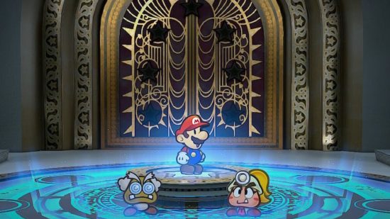 Zrzut ekranu z Paper Mario: The Thousand Year Door z Mario, Goombellą i Profesorem patrzącymi na drzwi