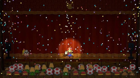 Screenshot di Paper Mario: The Thousand Year Door con Mario che si esibisce davanti a un pubblico