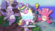 Pinata Smashlings Care Bears: A unicorn Pinata from the game flanked by the new designs for Cheer Bear and Share Bear. They are outlined in white and pasted on a blurred screenshot of one of the islands