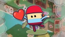 Pine Hearts Switch release date: Tyke from Pine Hearts holding a red emoji heart, outlined in white and pasted on a blurred game screenshot