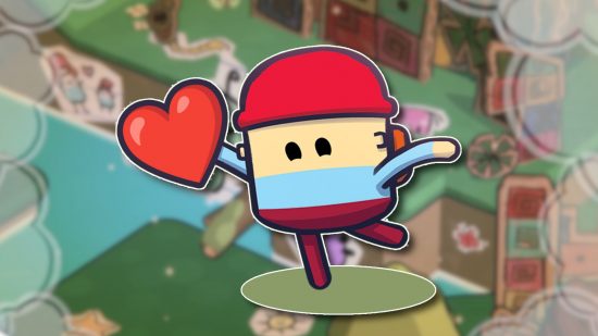 Pine Hearts Switch release date: Tyke from Pine Hearts holding a red emoji heart, outlined in white and pasted on a blurred game screenshot