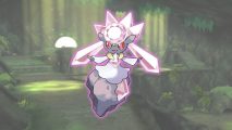 Pokemon Go Diancie floating in front of a grassy cave with various light spots
