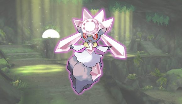 Pokemon Go Diancie floating in front of a grassy cave with various light spots