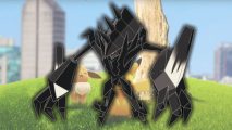 Pokemon Go Necrozma in front of Pikachu and Eevee stood on a hill in front of a city