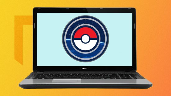 Pokémon Go PC: a stock image of a laptop is shown against a yellow backrgound, with the Pokémon Go logo visible on the screen
