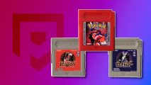 Pokemon Scarlet demake: 2itcrook's custom red Scarlet Game Bpy cartridge and two grey cartridges with Japanese SV art outlined in white and pasted on a red to purple PT background