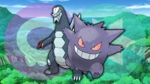Pokemon unused type combintions: Baxcalibur and Gengar stood in front of the ice and poison icons in front of a forest