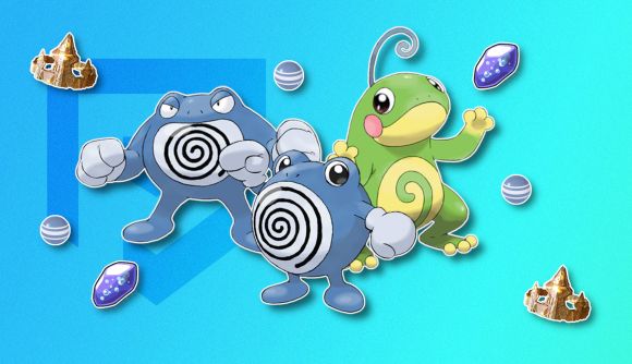 Poliwhirl evolution: Poliwhirl, Poliwrath, and Politoed outlined in white and pasted on a blue PT background alongside some King's Rocks, Poliwag candies, and Water Stones