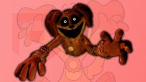 A Poppy Playtime DogDay animatronic in front of his Smiling Critters version in front of a pink background