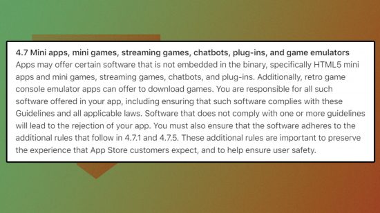Screenshot from the section in the App Store guidelines referring to emulation for article on the news PPSSPP could be coming to the App Store