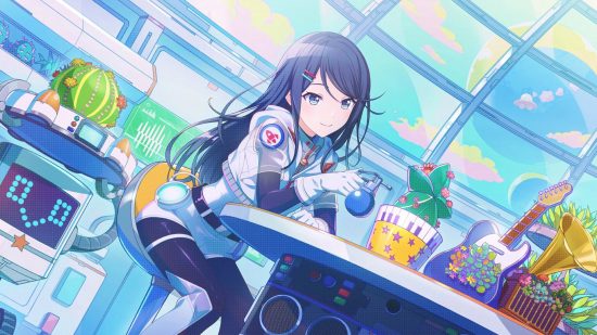 Project Sekai cards: Ichika watering plants in what appears to be a brightly-lit space station living space