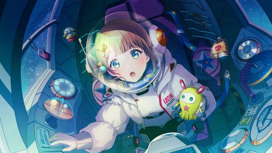 Project Sekai cards: Honami dressed in a spacesuit, piloting a shuttle with wonder on her face. She's holding a little green plushie with red bunny ears